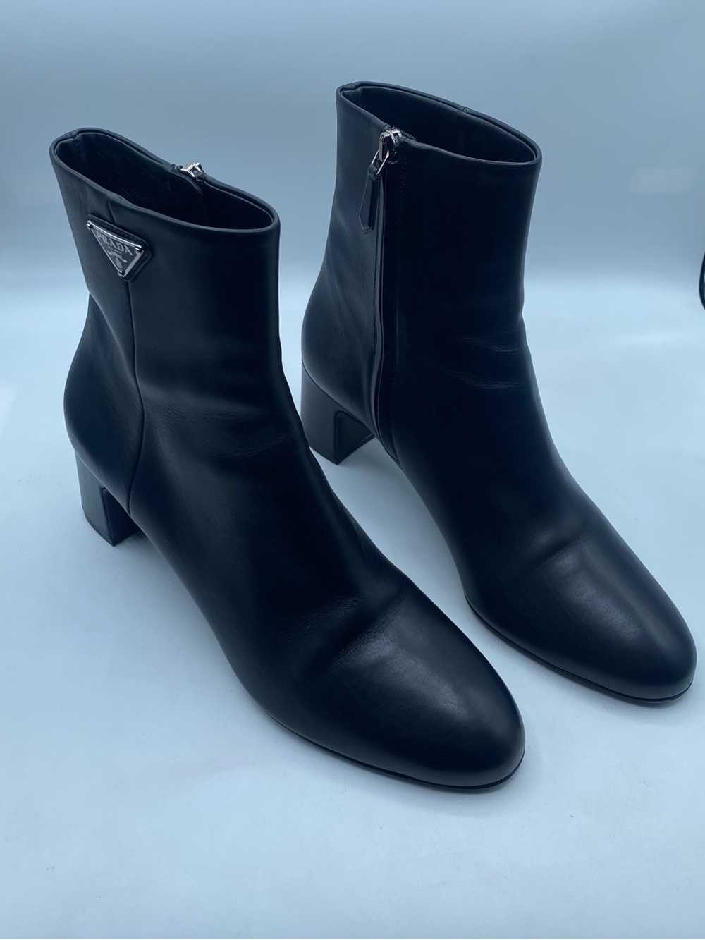 Prada Logo Block Heel Leather Ankle Boots